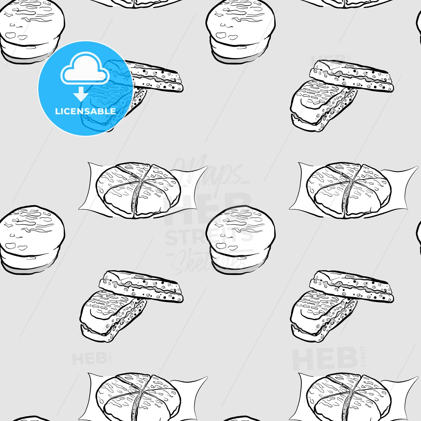 Bolo do caco seamless pattern greyscale drawing – instant download