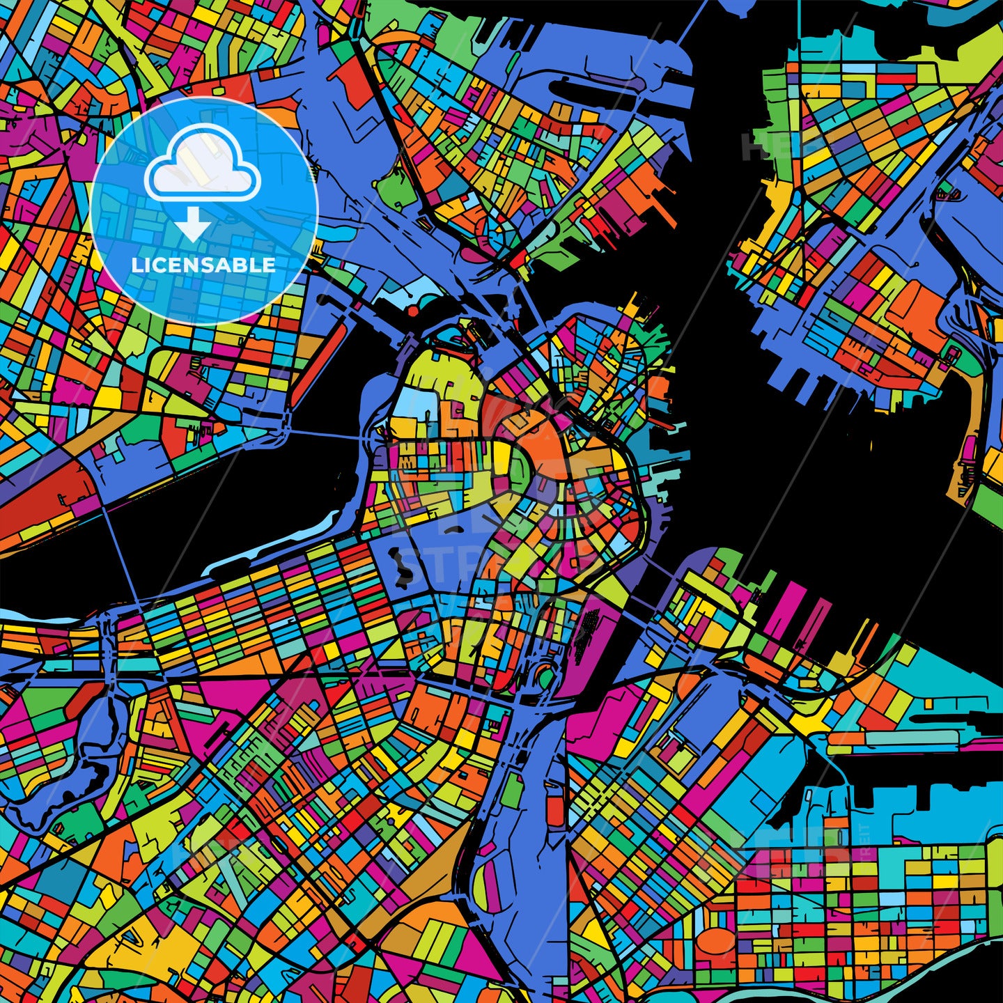 Boston Colorful Vector Map On Black – HEBSTREITS