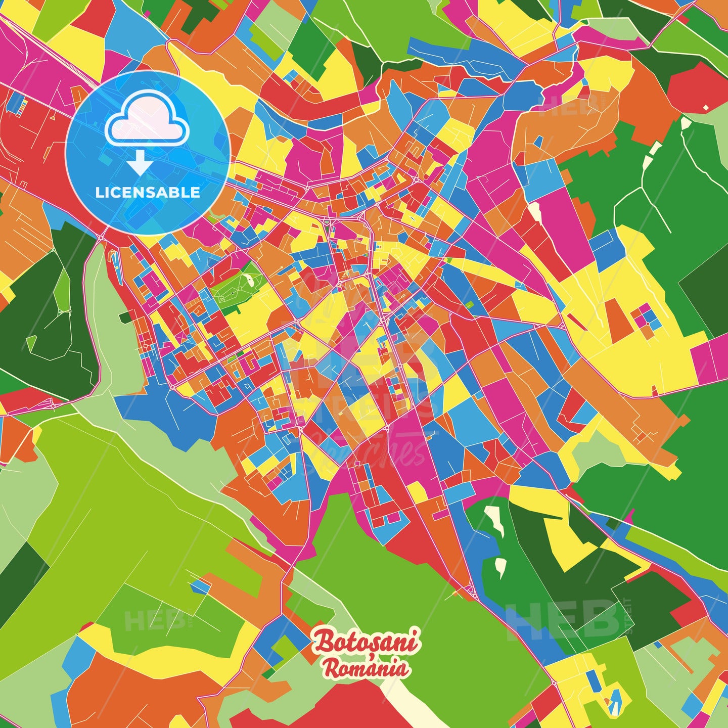Botoșani, Romania Crazy Colorful Street Map Poster Template - HEBSTREITS Sketches