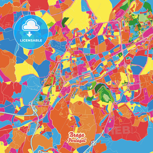 Braga, Portugal Crazy Colorful Street Map Poster Template - HEBSTREITS Sketches