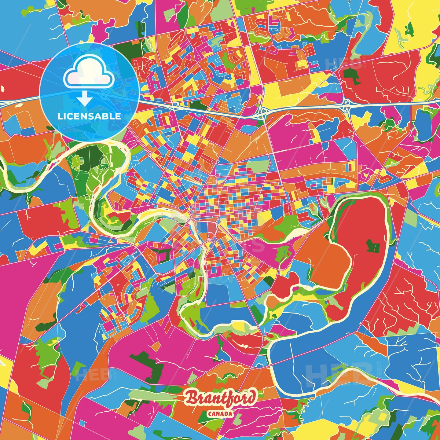 Brantford, Canada Crazy Colorful Street Map Poster Template - HEBSTREITS Sketches