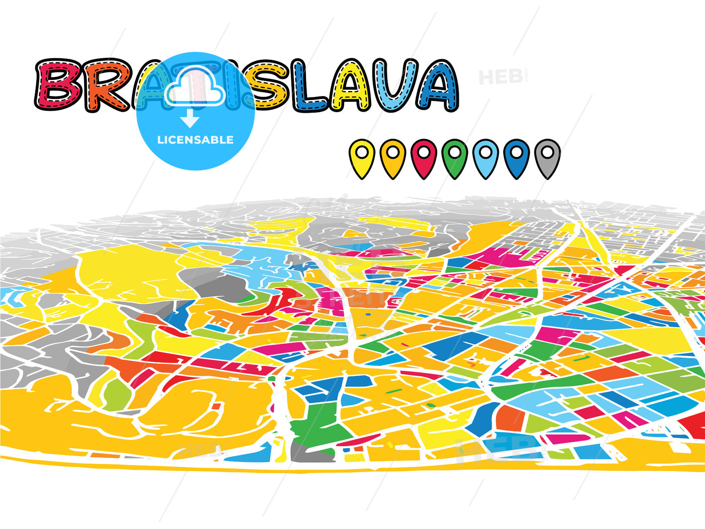 Bratislava, Slovakia, downtown map in perspective