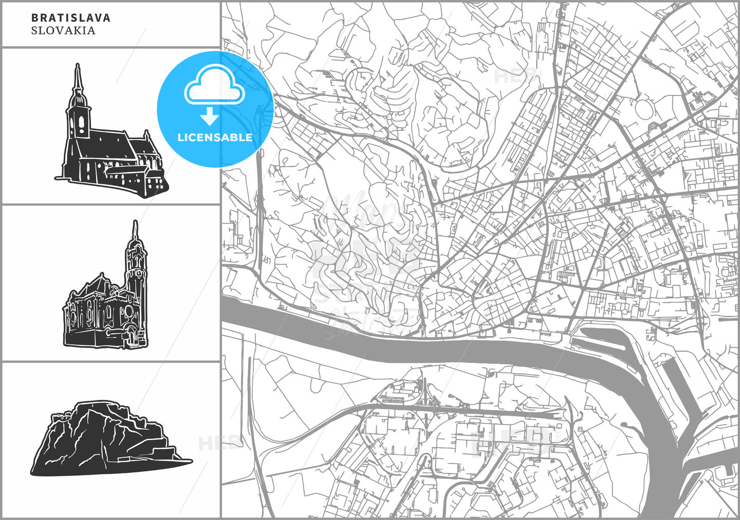 Bratislava city map with hand-drawn architecture icons