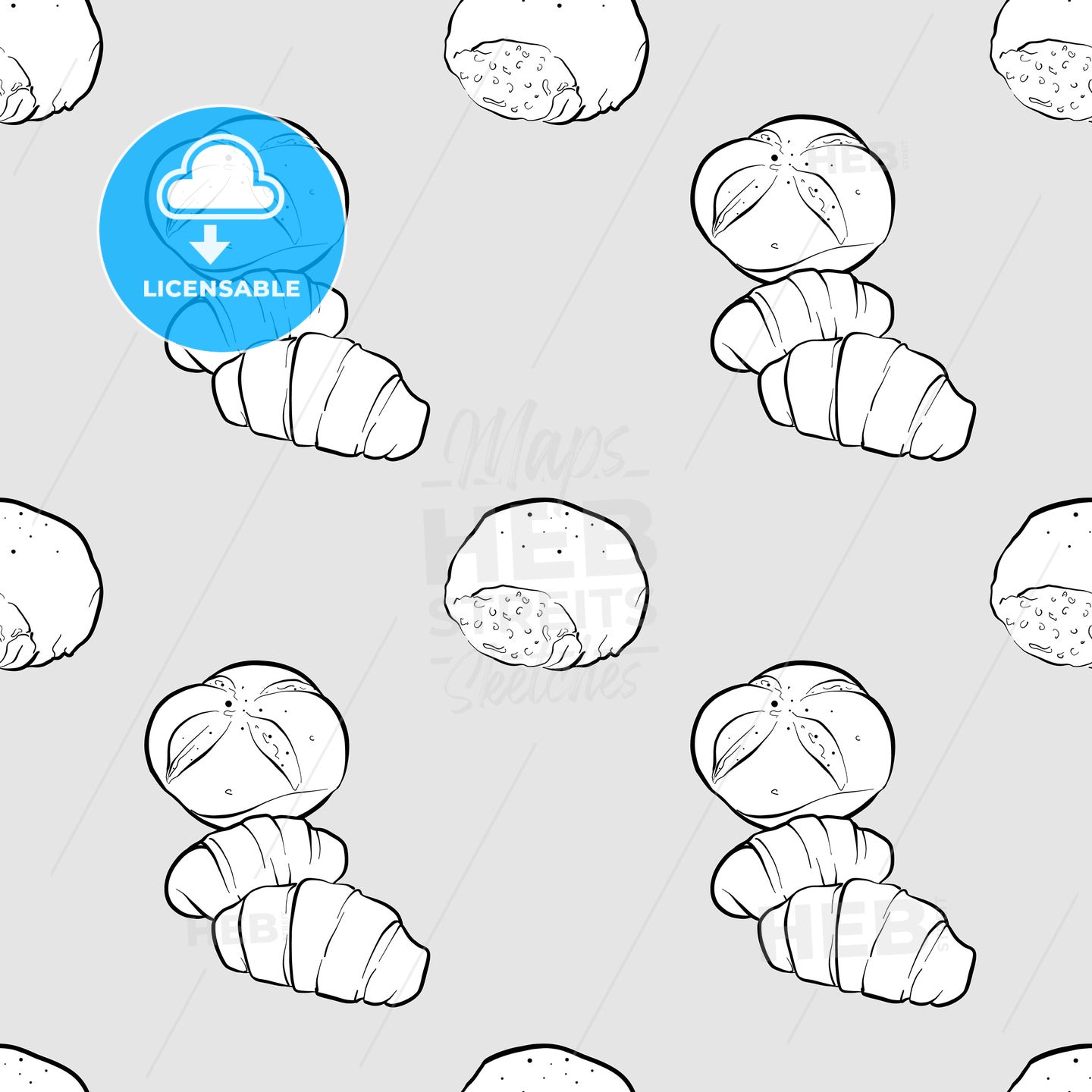 Bread roll seamless pattern greyscale drawing – instant download