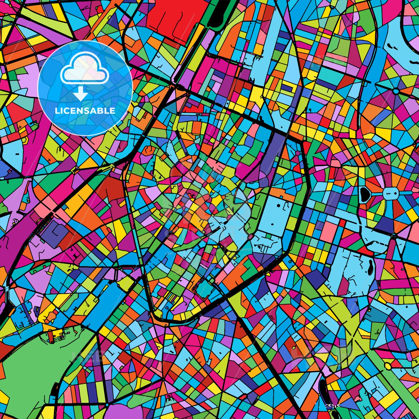 Brussels Colorful Vector Map on Black