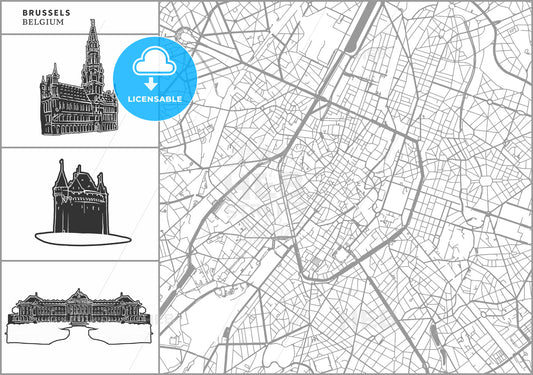 Brussels city map with hand-drawn architecture icons