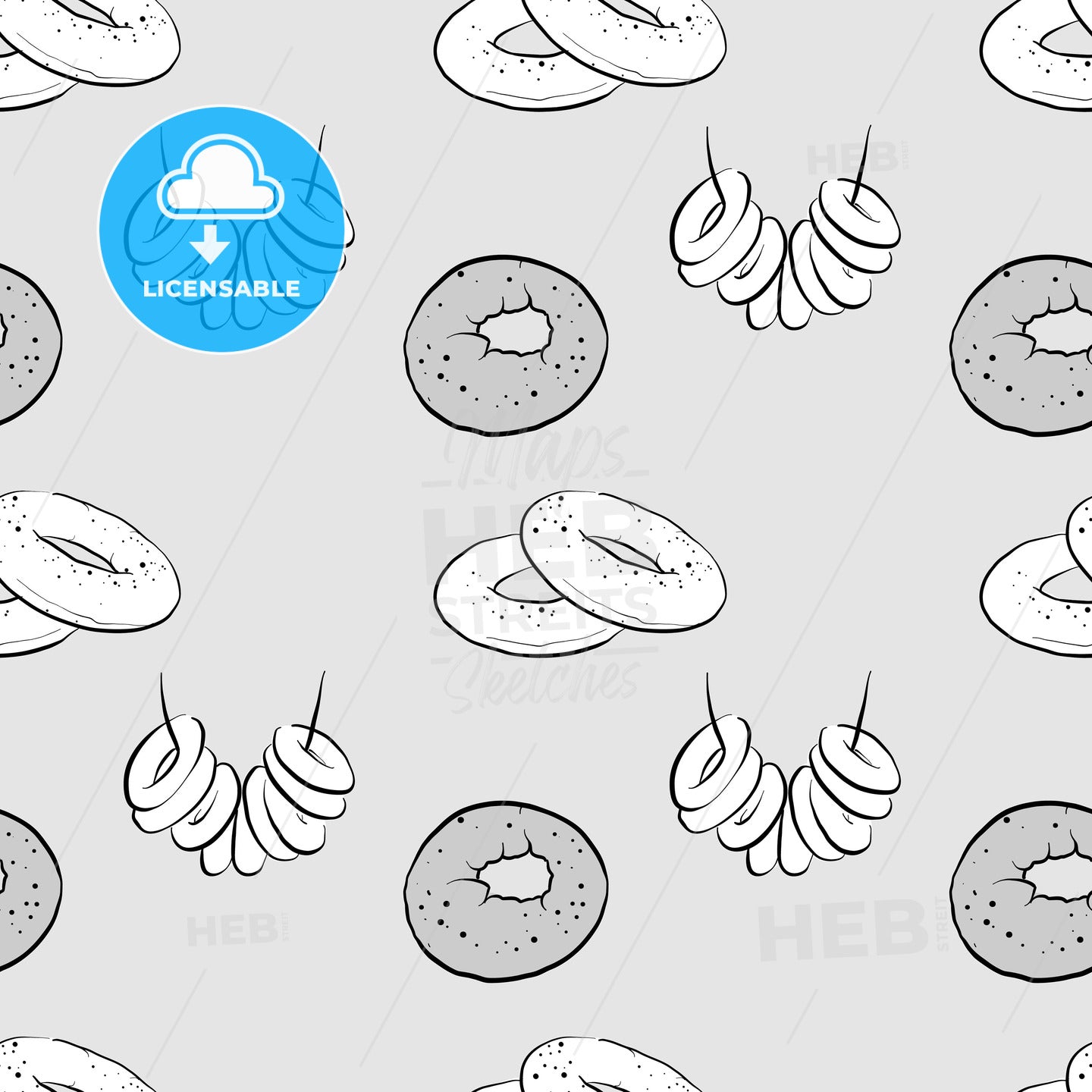 Bublik seamless pattern greyscale drawing – instant download