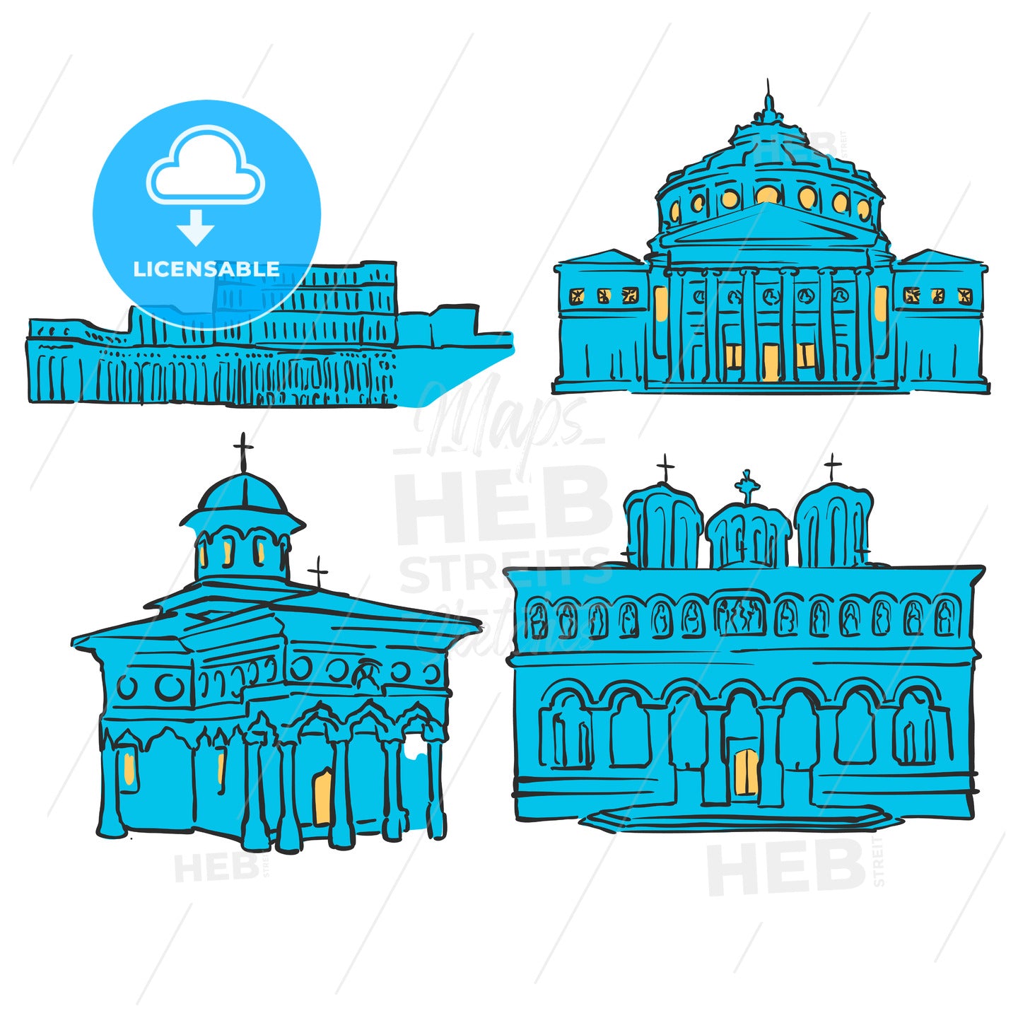 Bucharest, Romania, Colored Landmarks – instant download
