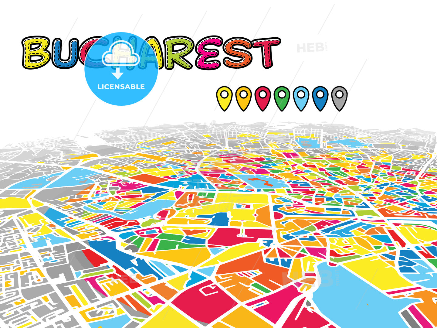 Bucharest, Romania, downtown map in perspective