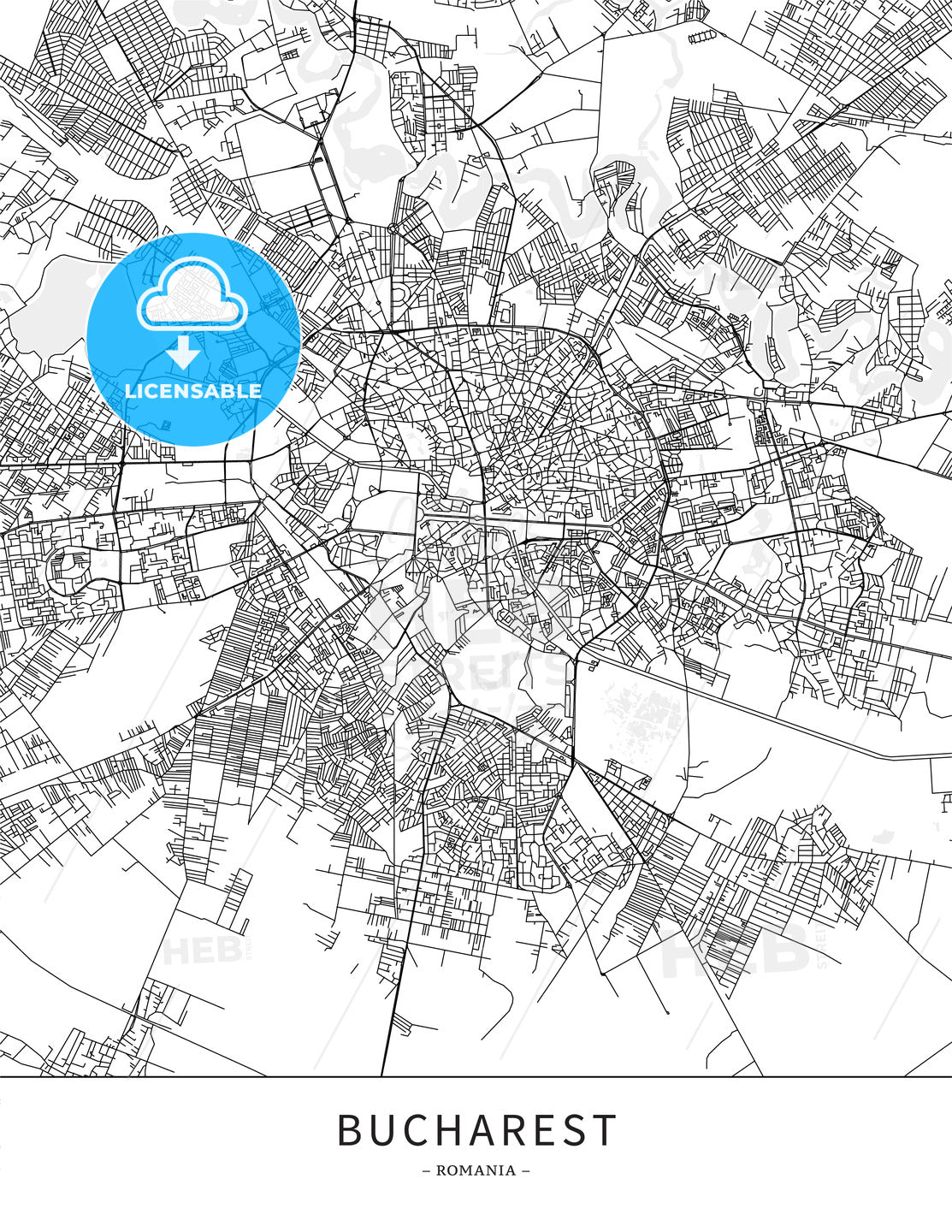 Bucharest, Romania, Map poster borderless print template - HEBSTREITS