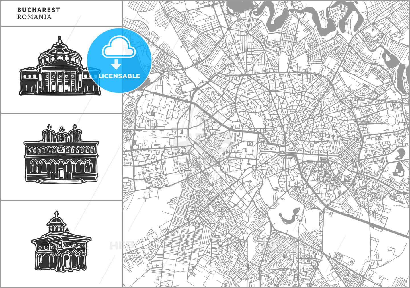 Bucharest city map with hand-drawn architecture icons