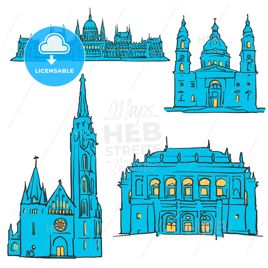 Budapest Hungary Colored Landmarks – instant download