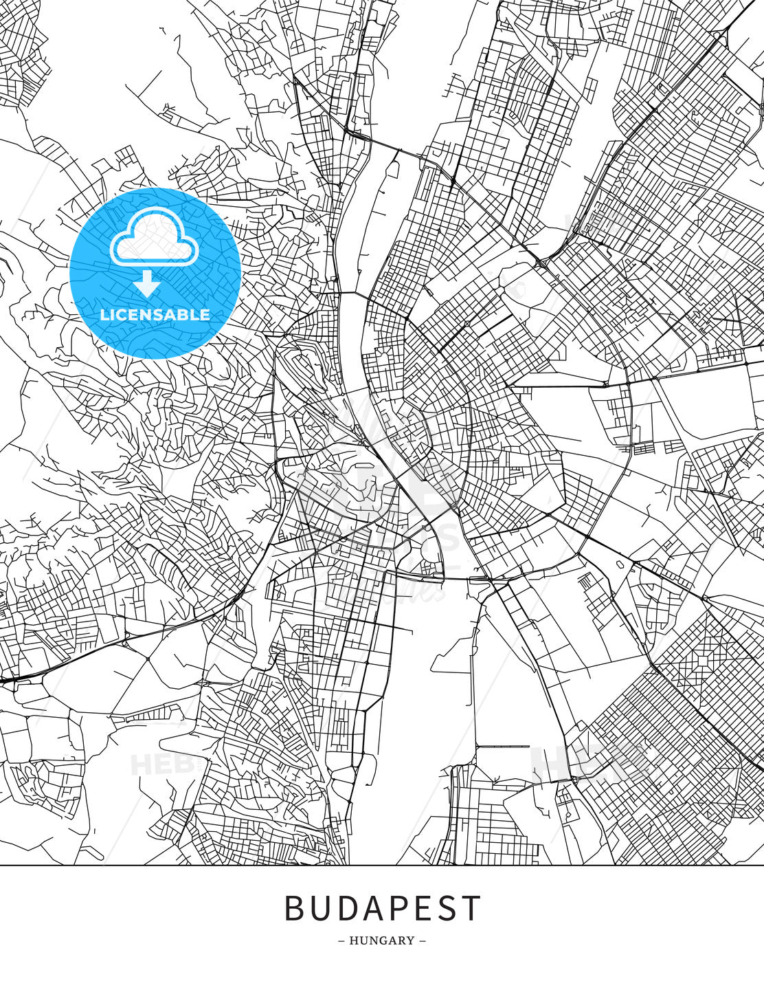 Budapest, Hungary, Map poster borderless print template - HEBSTREITS