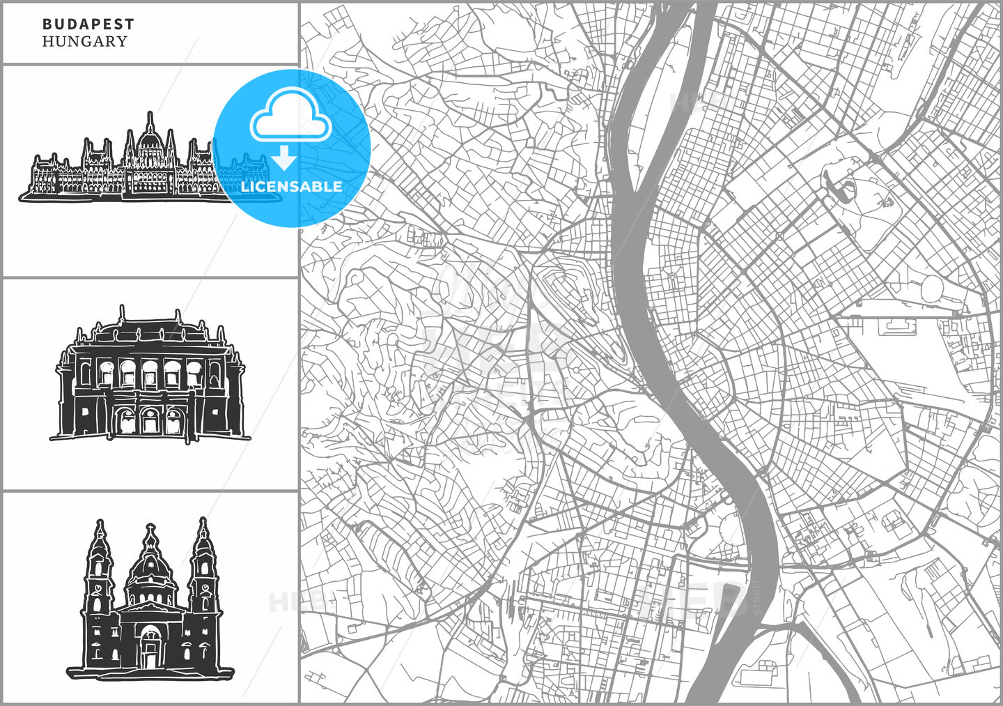 Budapest city map with hand-drawn architecture icons