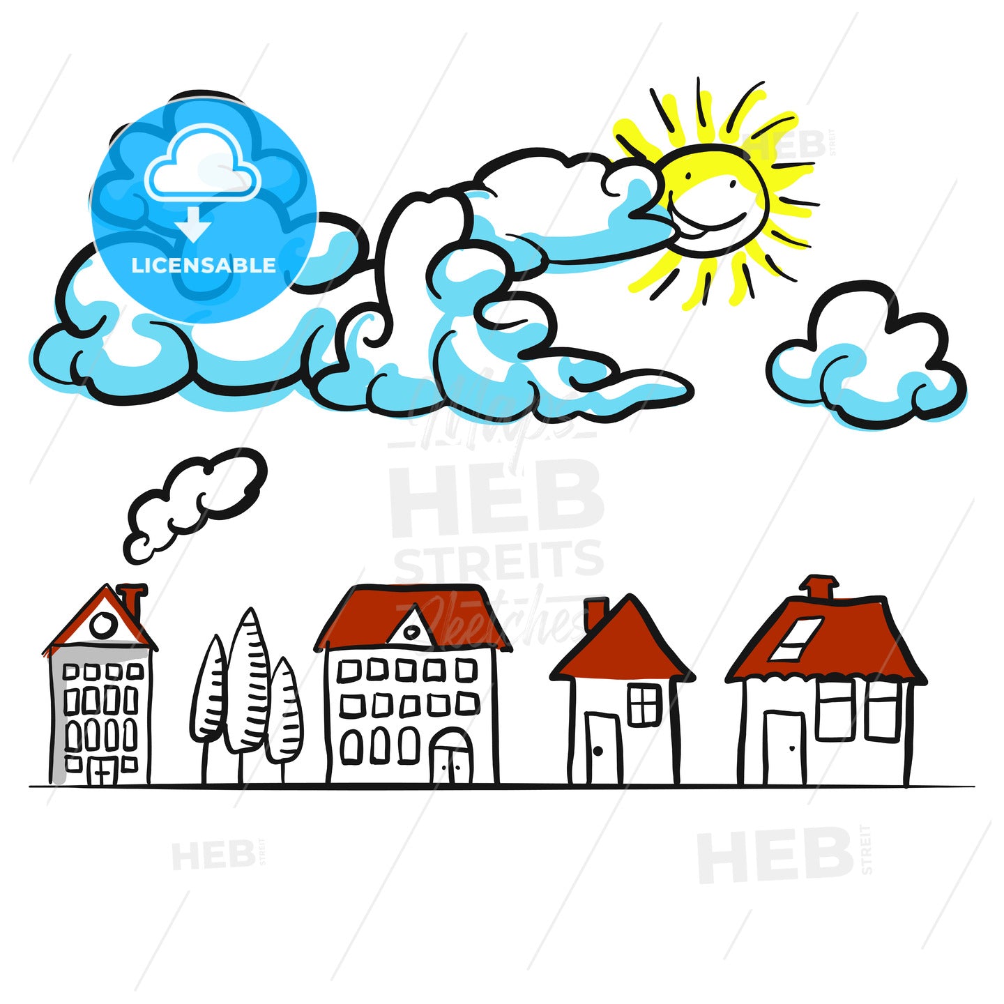 Building sketches 2D with clouds Comic background – instant download