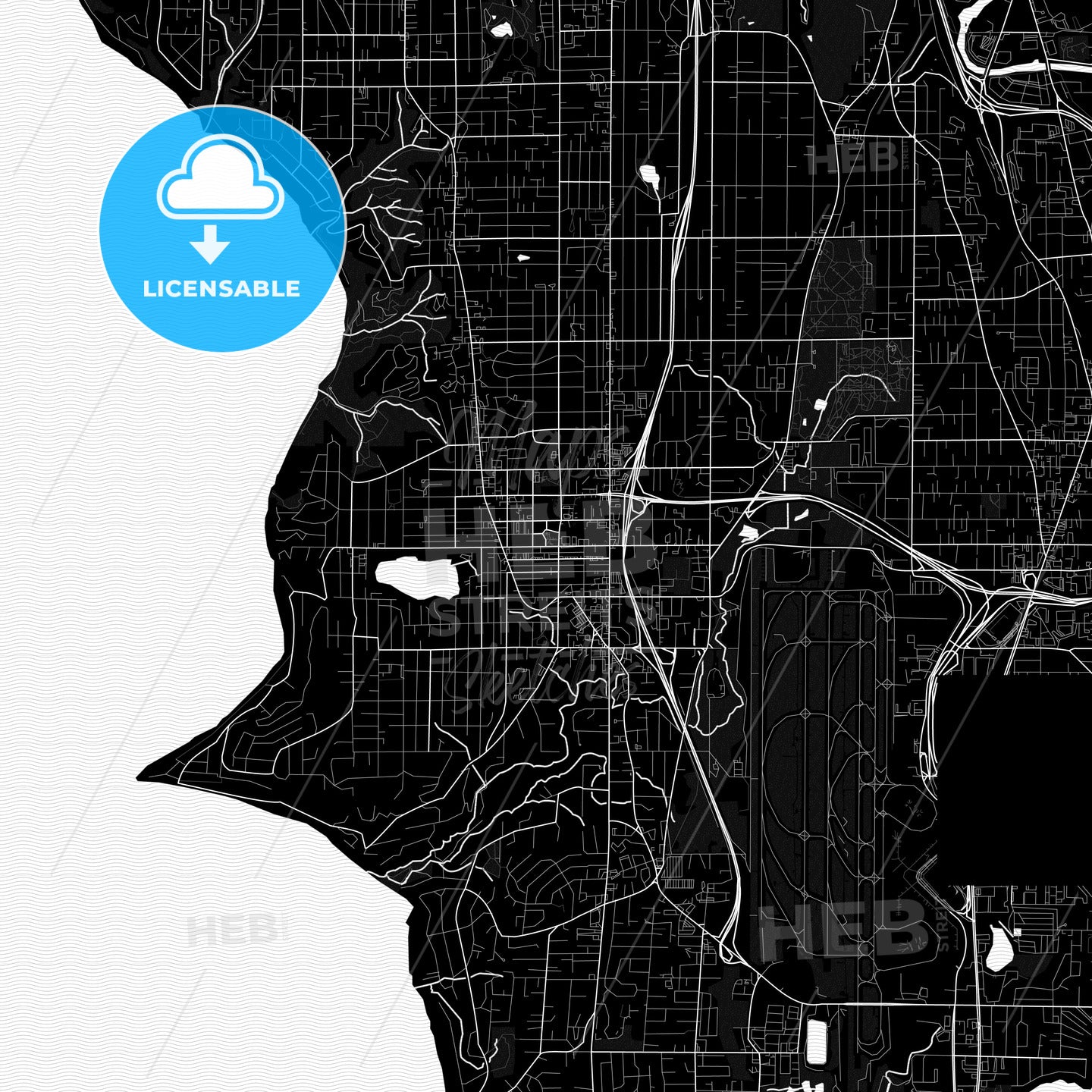 Burien, Washington, United States, Pdf Vector Map Black And White ...