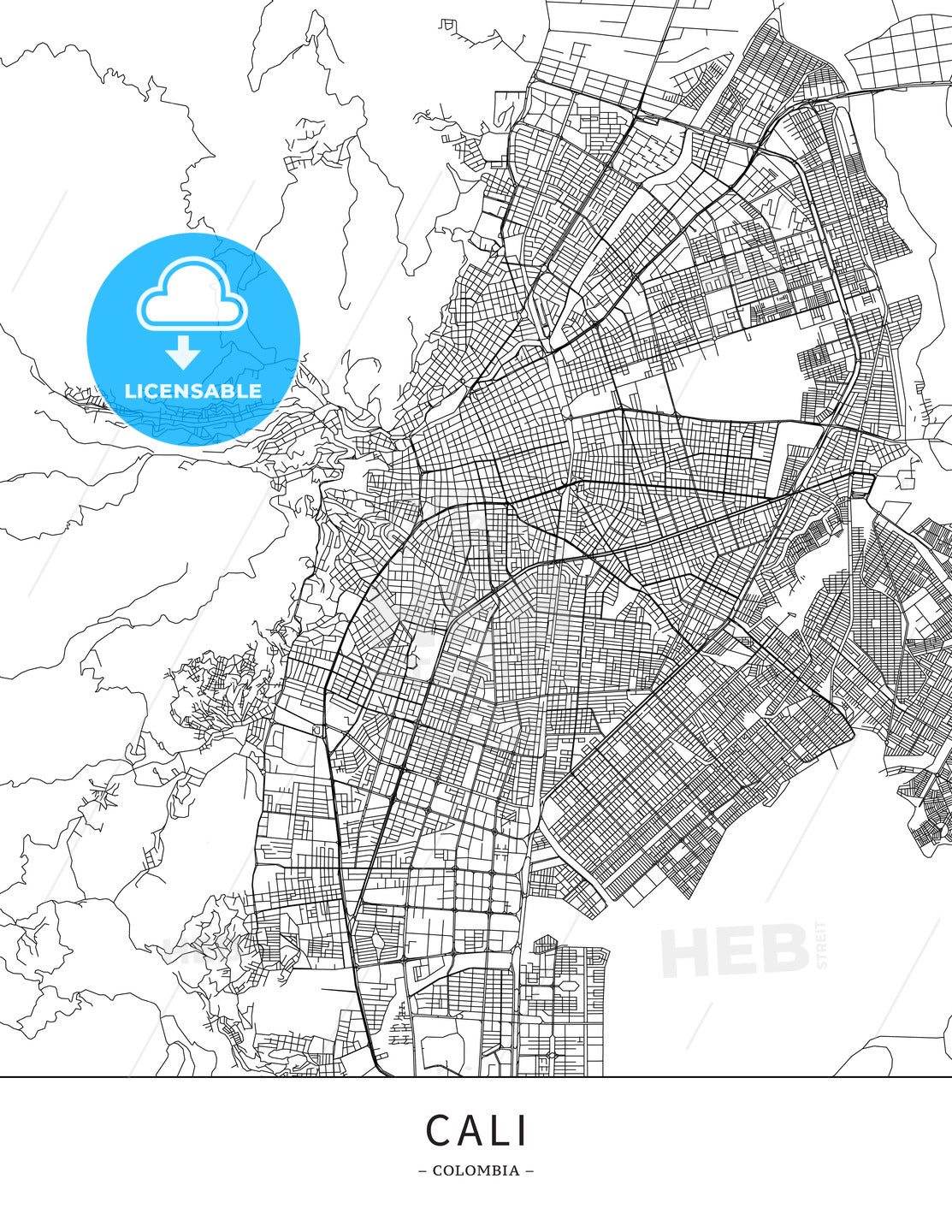 Cali, Colombia, Map poster borderless print template - HEBSTREITS