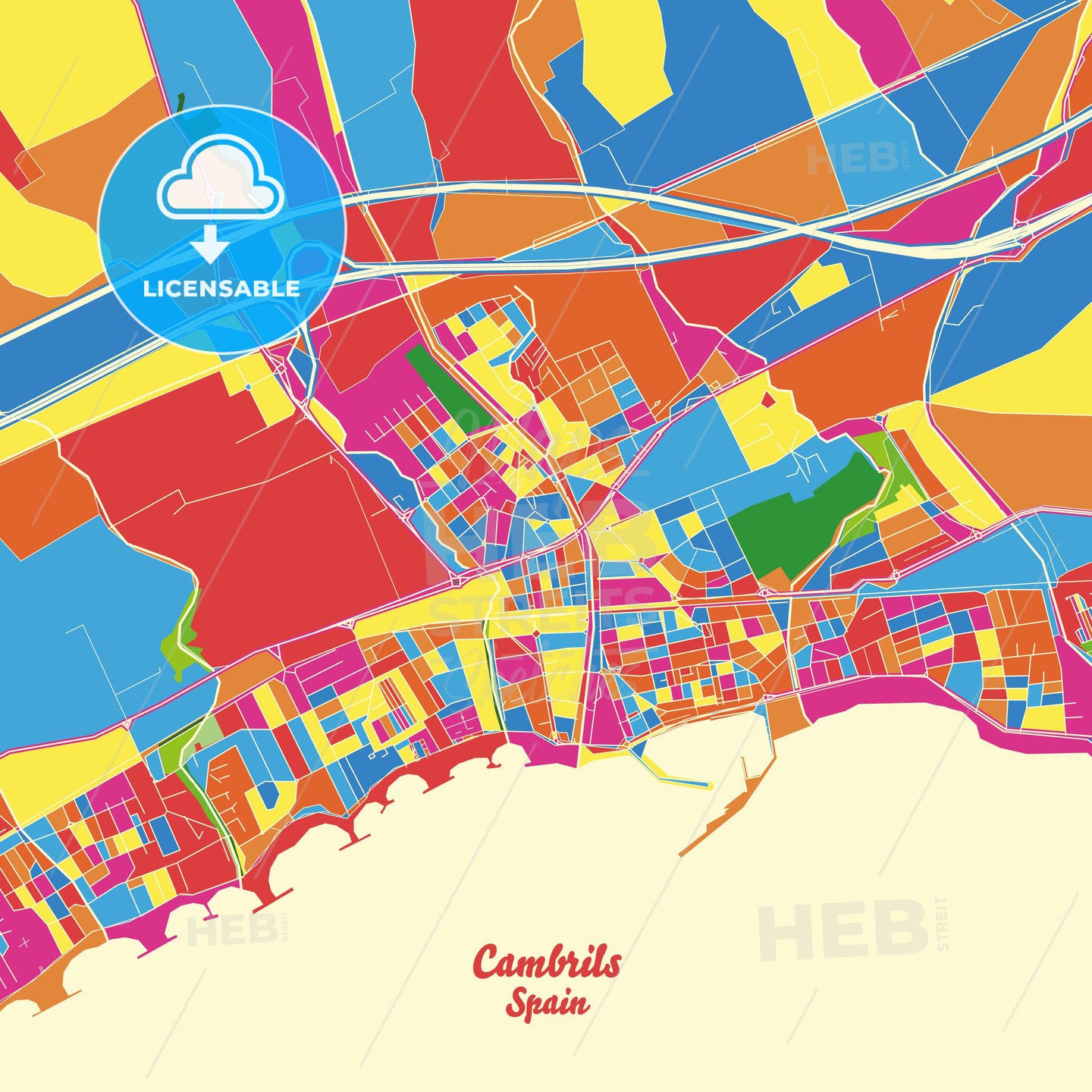 Cambrils, Spain Crazy Colorful Street Map Poster Template - HEBSTREITS Sketches