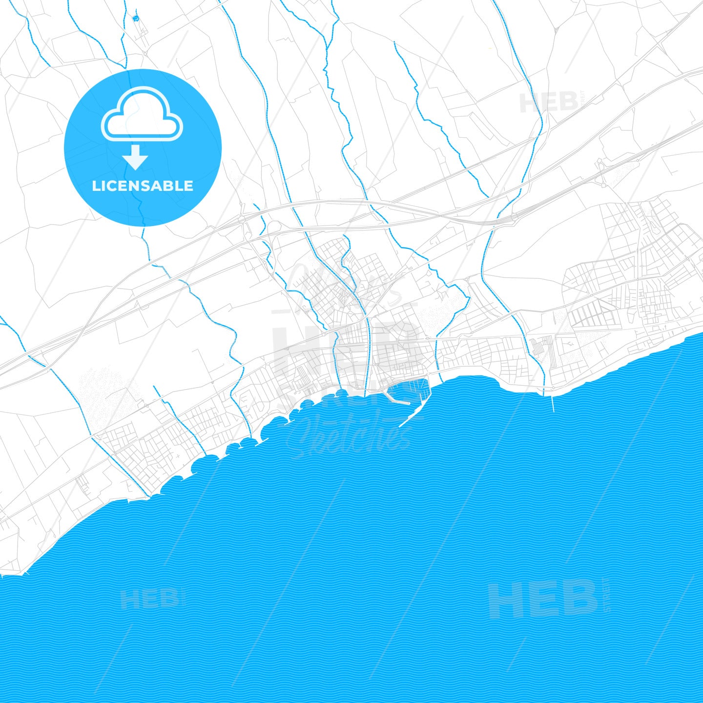 Cambrils, Spain PDF vector map with water in focus