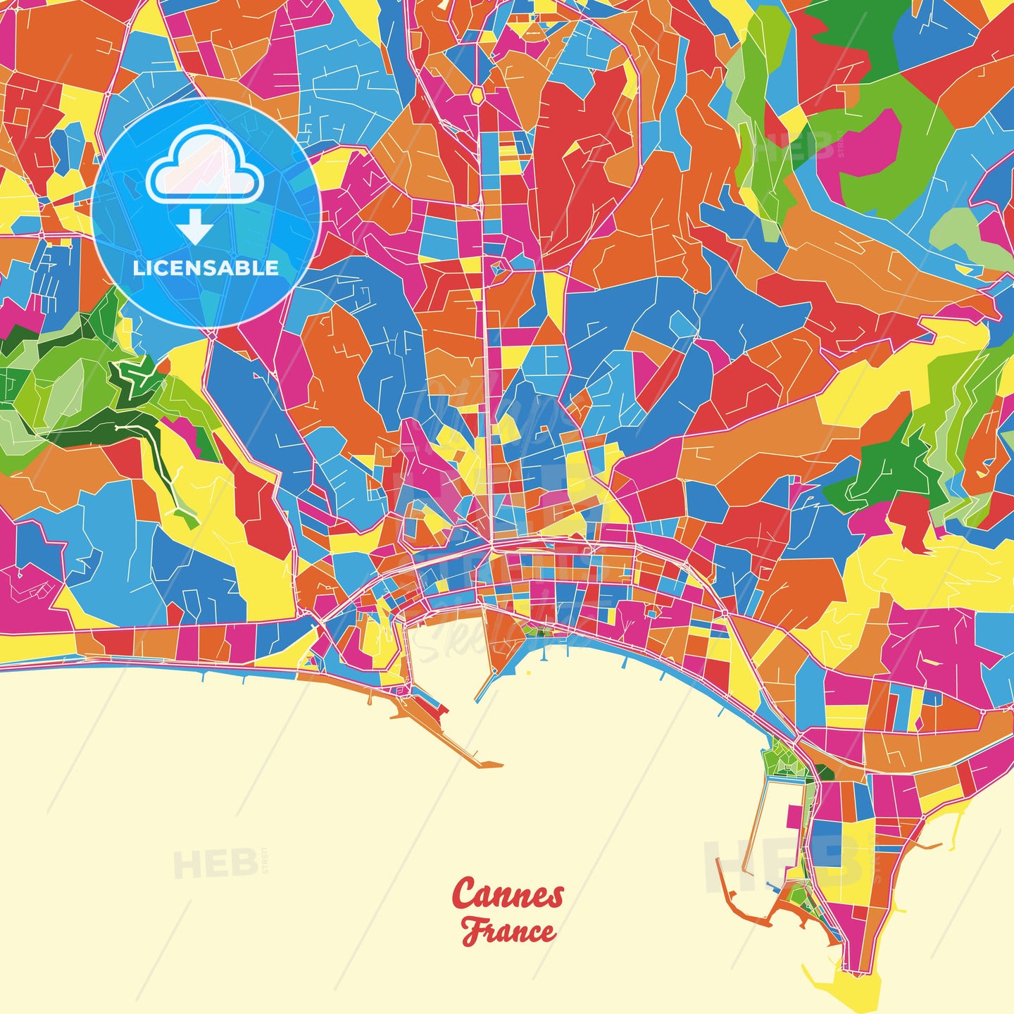Cannes, France Crazy Colorful Street Map Poster Template - HEBSTREITS Sketches