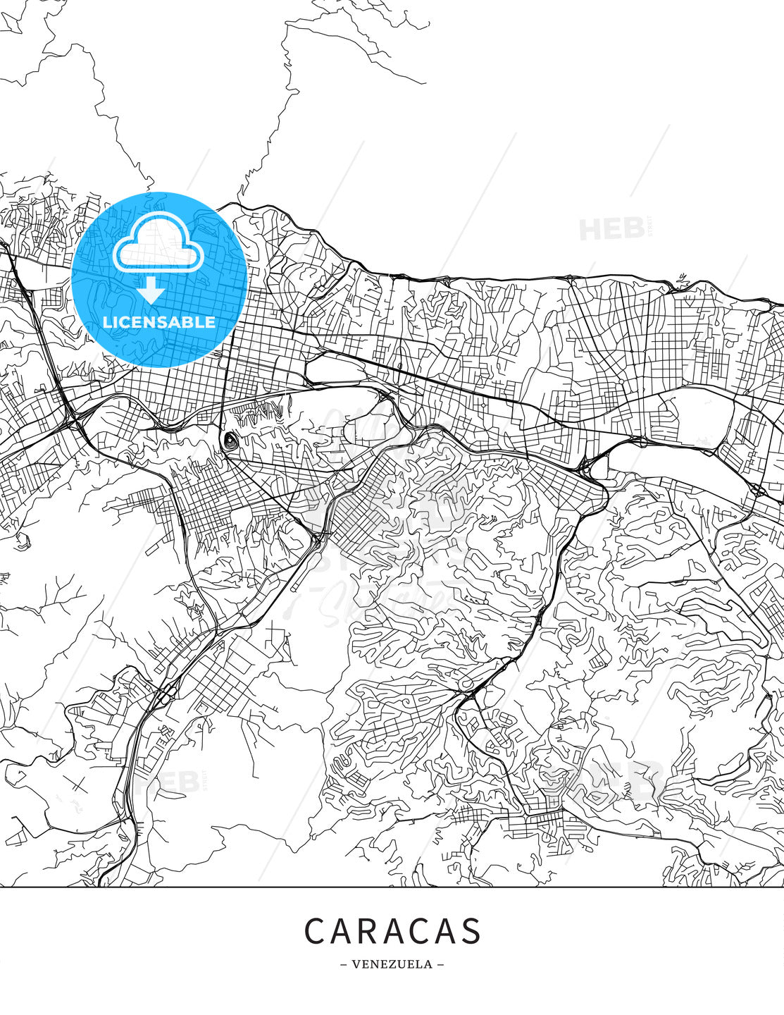 Caracas, Venezuela, Map poster borderless print template - HEBSTREITS