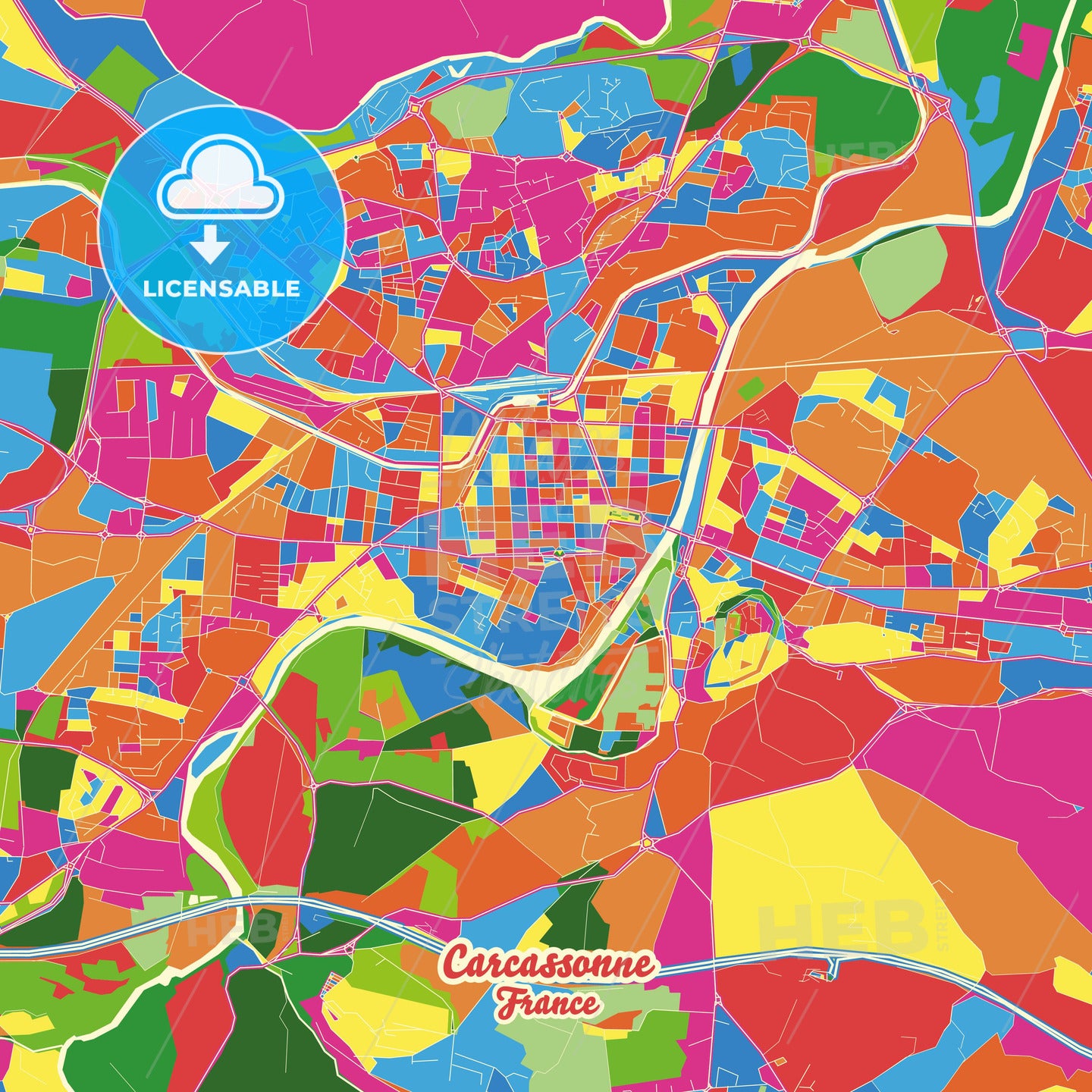 Carcassonne, France Crazy Colorful Street Map Poster Template - HEBSTREITS Sketches
