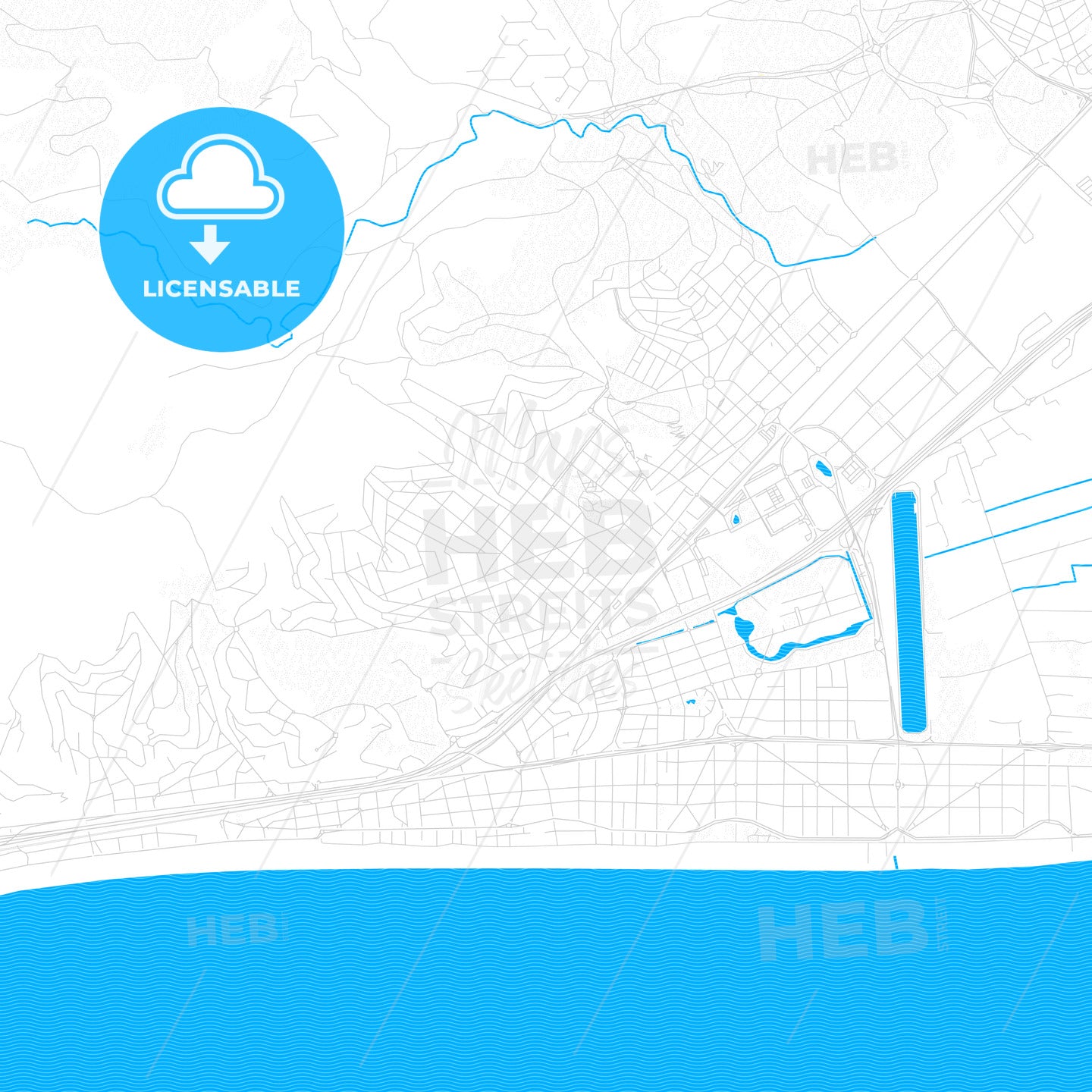 Castelldefels, Spain PDF vector map with water in focus