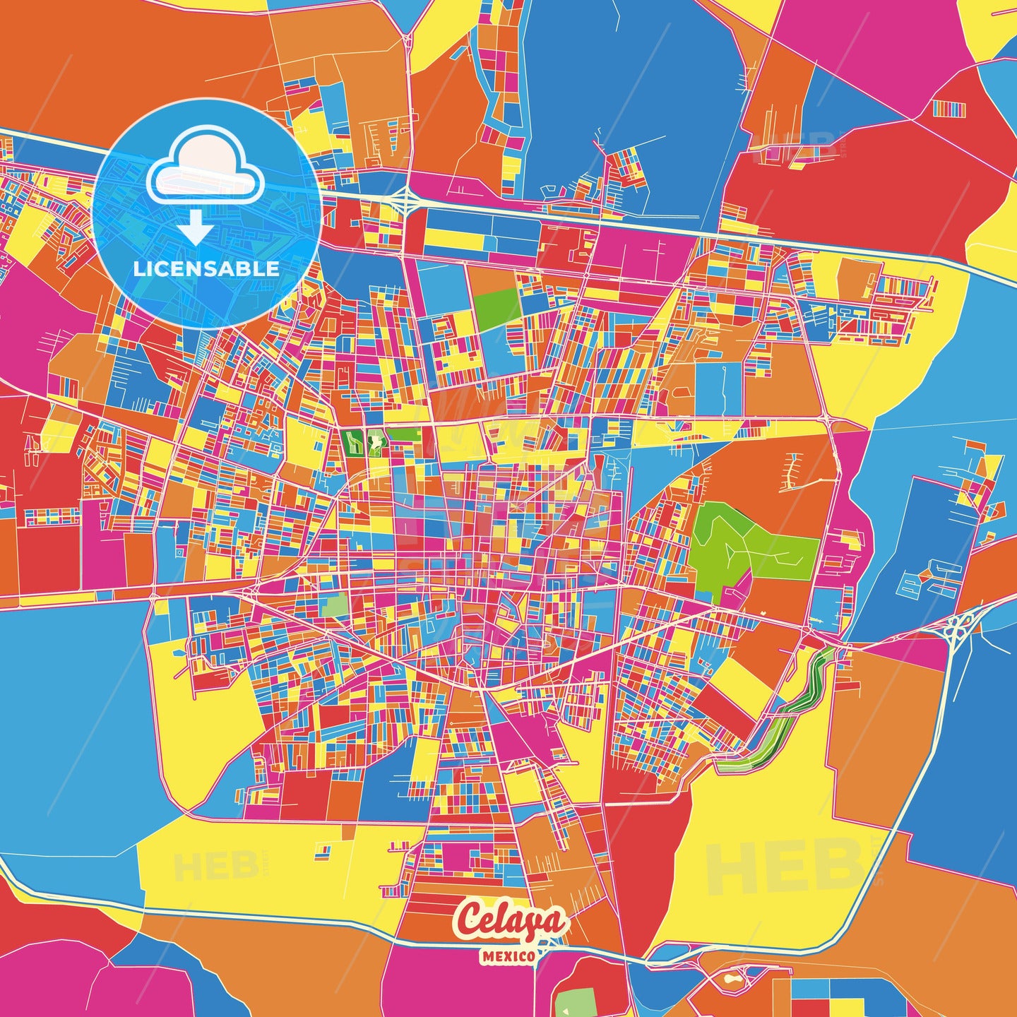 Celaya, Mexico Crazy Colorful Street Map Poster Template - HEBSTREITS Sketches