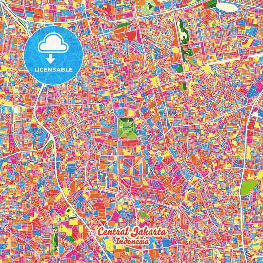 Central Jakarta, Indonesia Crazy Colorful Street Map Poster Template - HEBSTREITS Sketches