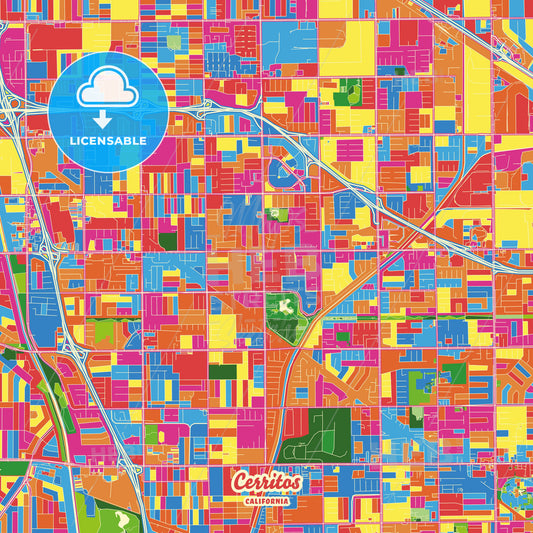 Cerritos, United States Crazy Colorful Street Map Poster Template - HEBSTREITS Sketches