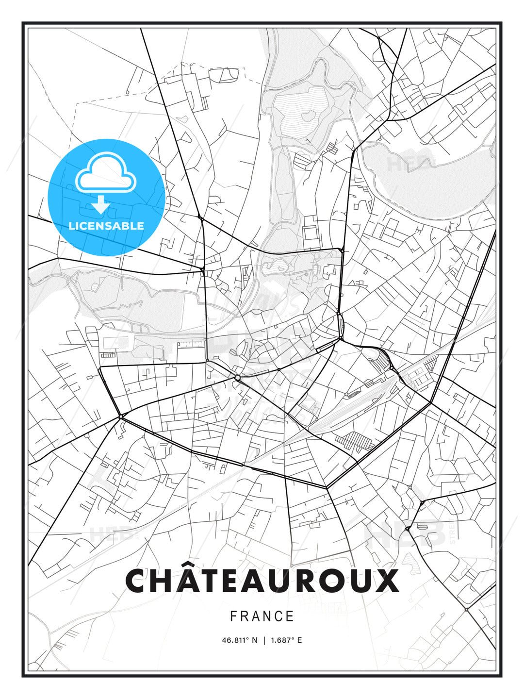 Châteauroux, France, Modern Print Template in Various Formats - HEBSTREITS Sketches
