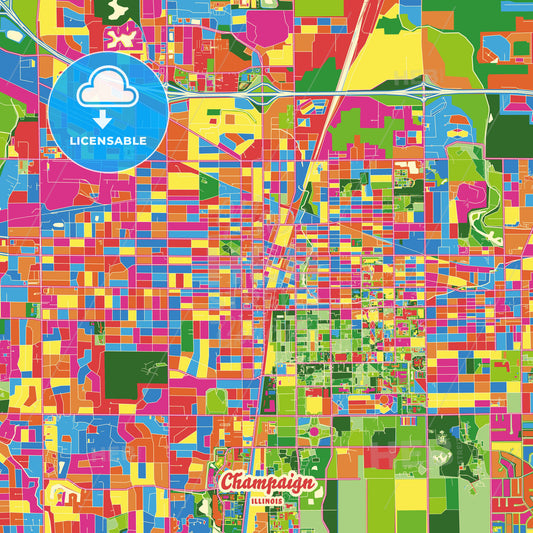 Champaign, United States Crazy Colorful Street Map Poster Template - HEBSTREITS Sketches