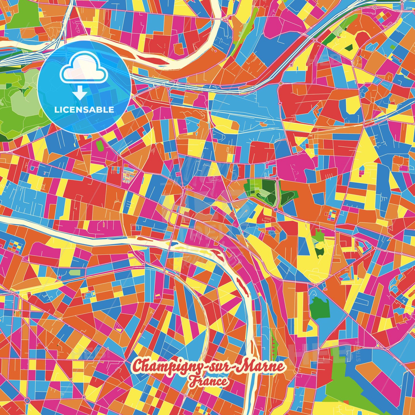 Champigny-sur-Marne, France Crazy Colorful Street Map Poster Template - HEBSTREITS Sketches