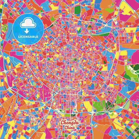 Chengdu, China Crazy Colorful Street Map Poster Template - HEBSTREITS Sketches