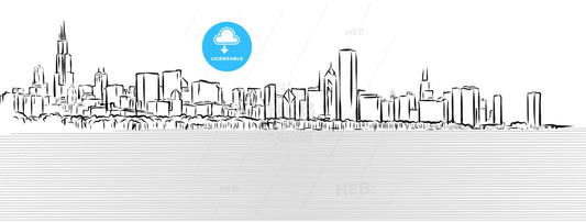 Chicago Outline Sketch with Michigan Lake in Foreground – instant download