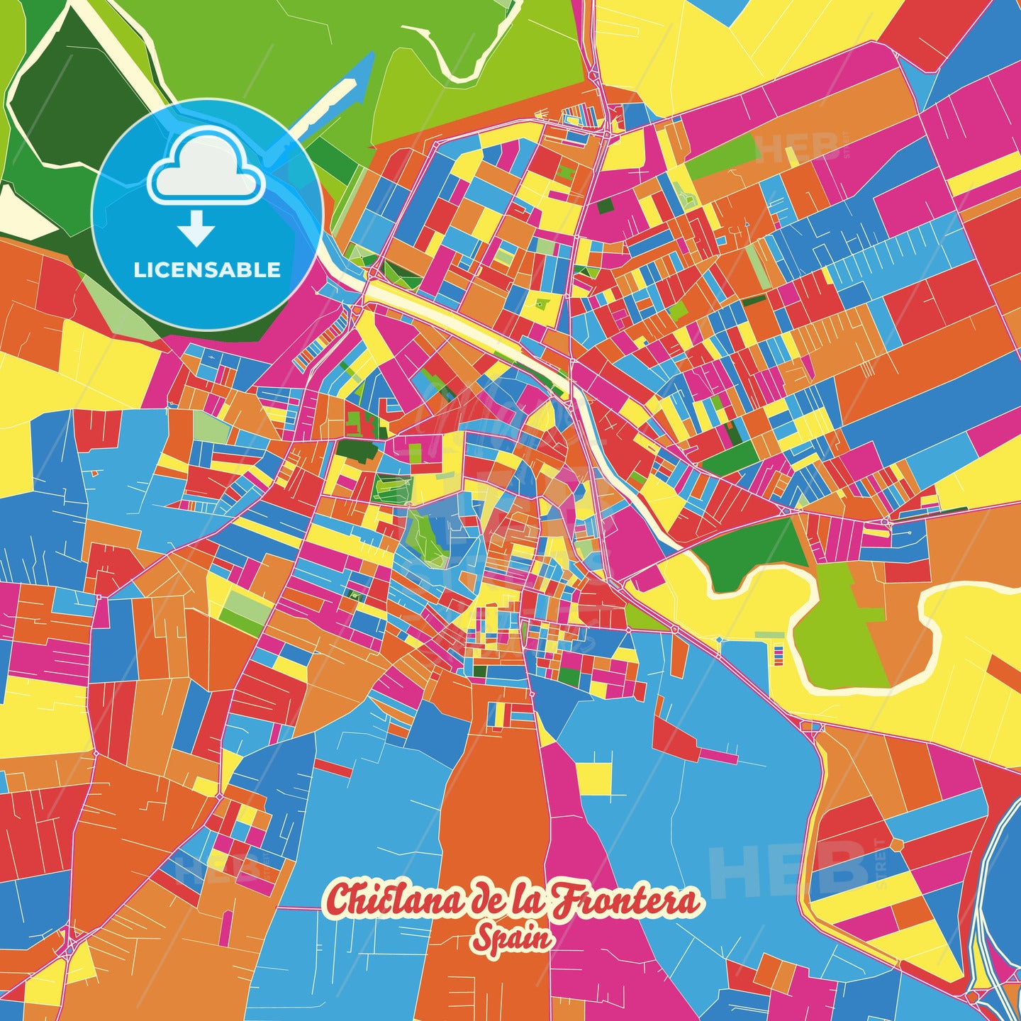 Chiclana de la Frontera, Spain Crazy Colorful Street Map Poster Template - HEBSTREITS Sketches