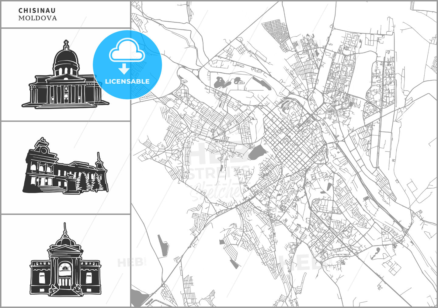 Chisinau city map with hand-drawn architecture icons