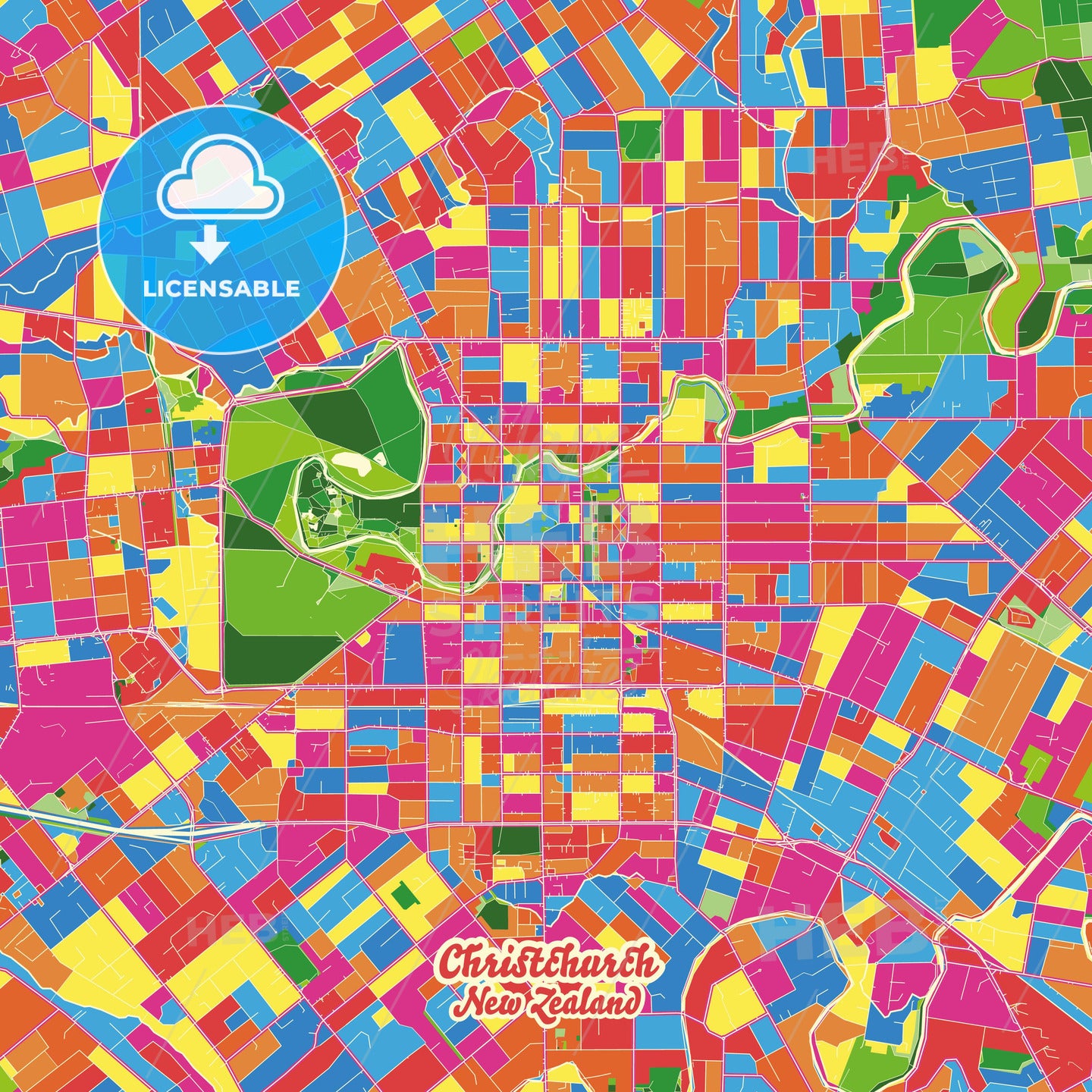 Christchurch, New Zealand Crazy Colorful Street Map Poster Template - HEBSTREITS Sketches