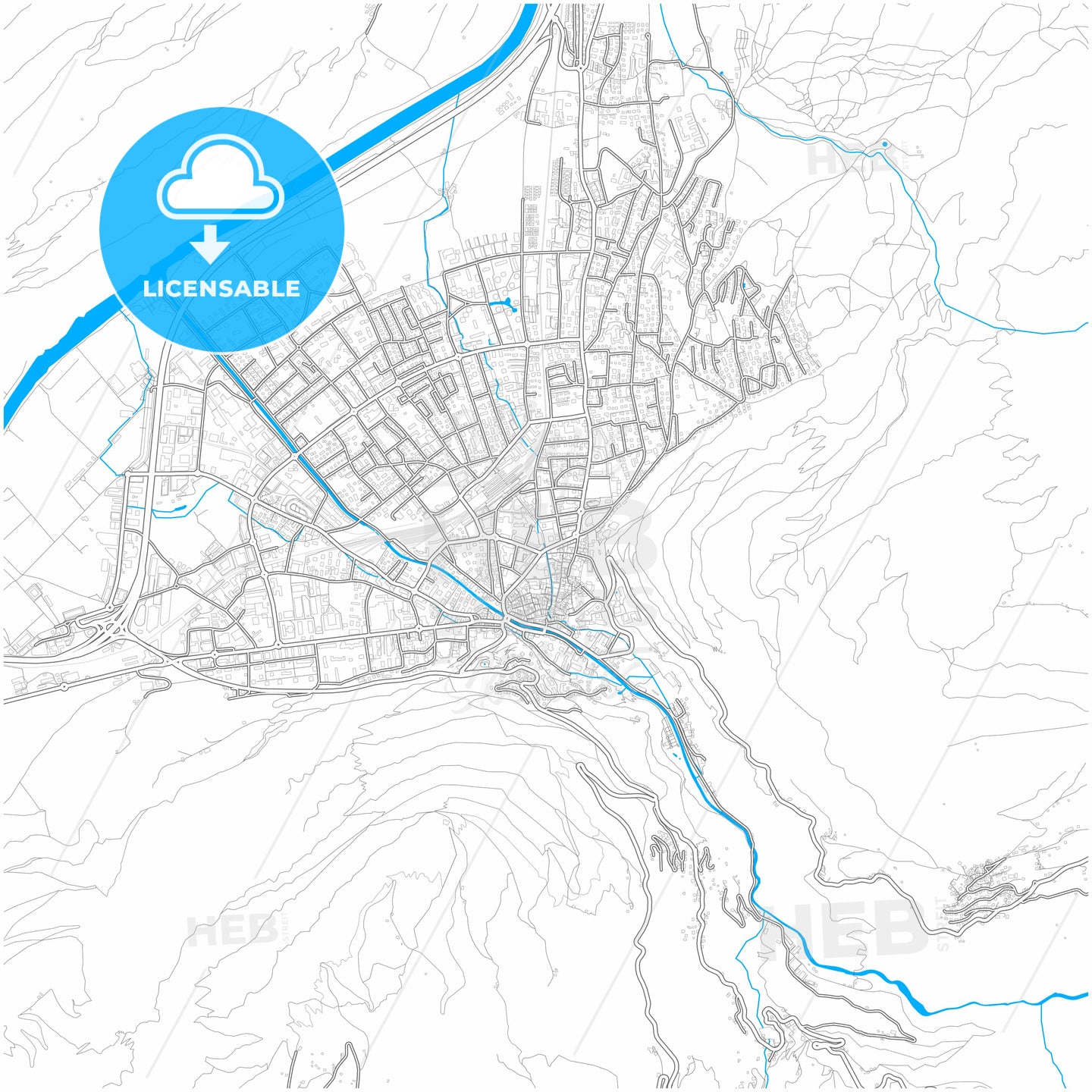 Chur, Switzerland, city map with high quality roads.