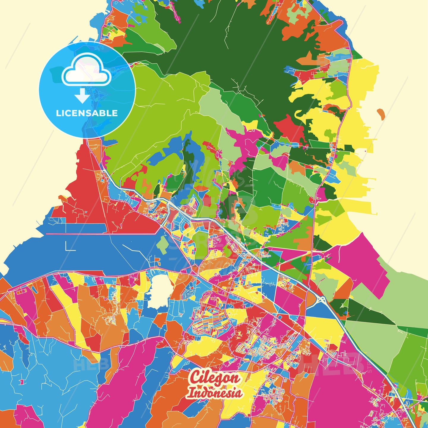 Cilegon, Indonesia Crazy Colorful Street Map Poster Template - HEBSTREITS Sketches