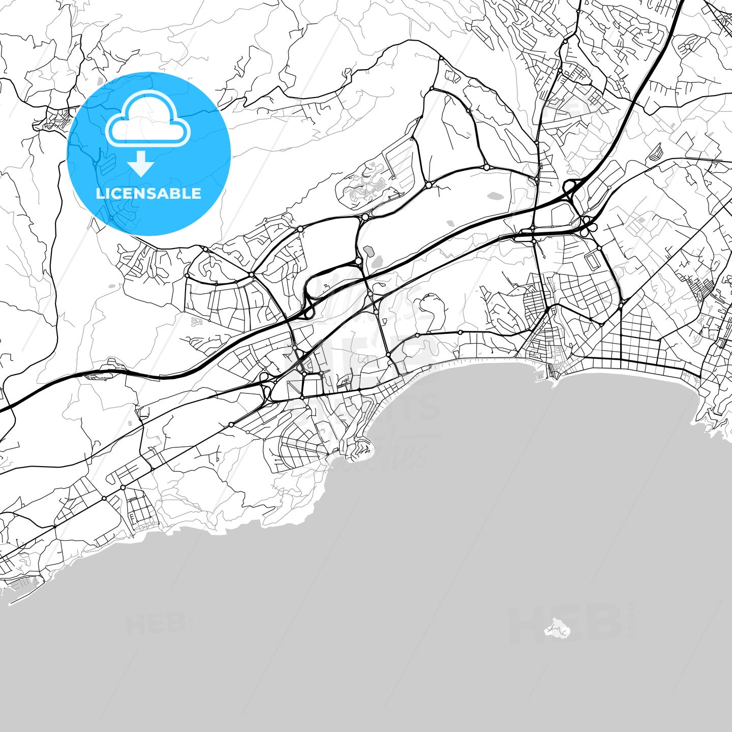 City map of Benidorm–La Vila Joiosa, Spain, light version