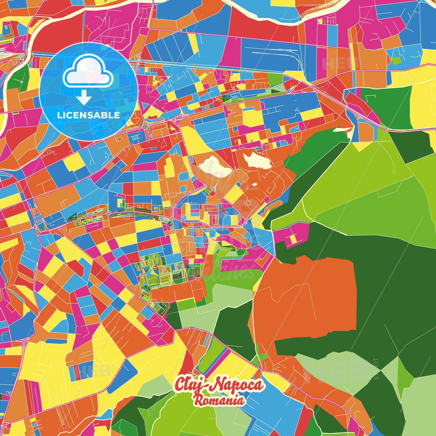 Cluj-Napoca, Romania Crazy Colorful Street Map Poster Template - HEBSTREITS Sketches
