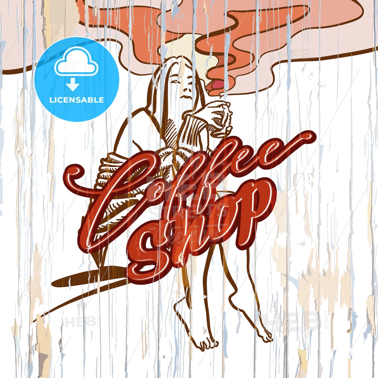 Coffee shop girl drawing on wooden background – instant download