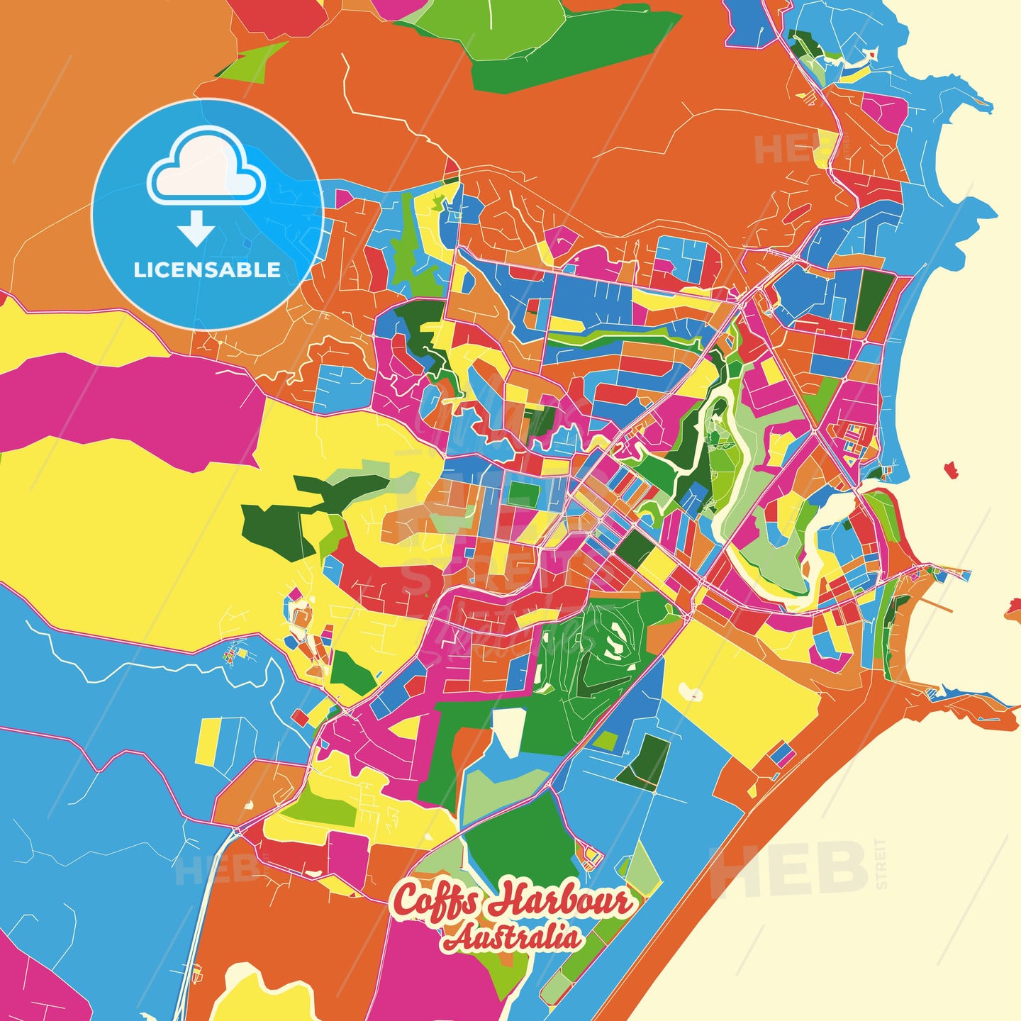 Coffs Harbour, Australia Crazy Colorful Street Map Poster Template - HEBSTREITS Sketches