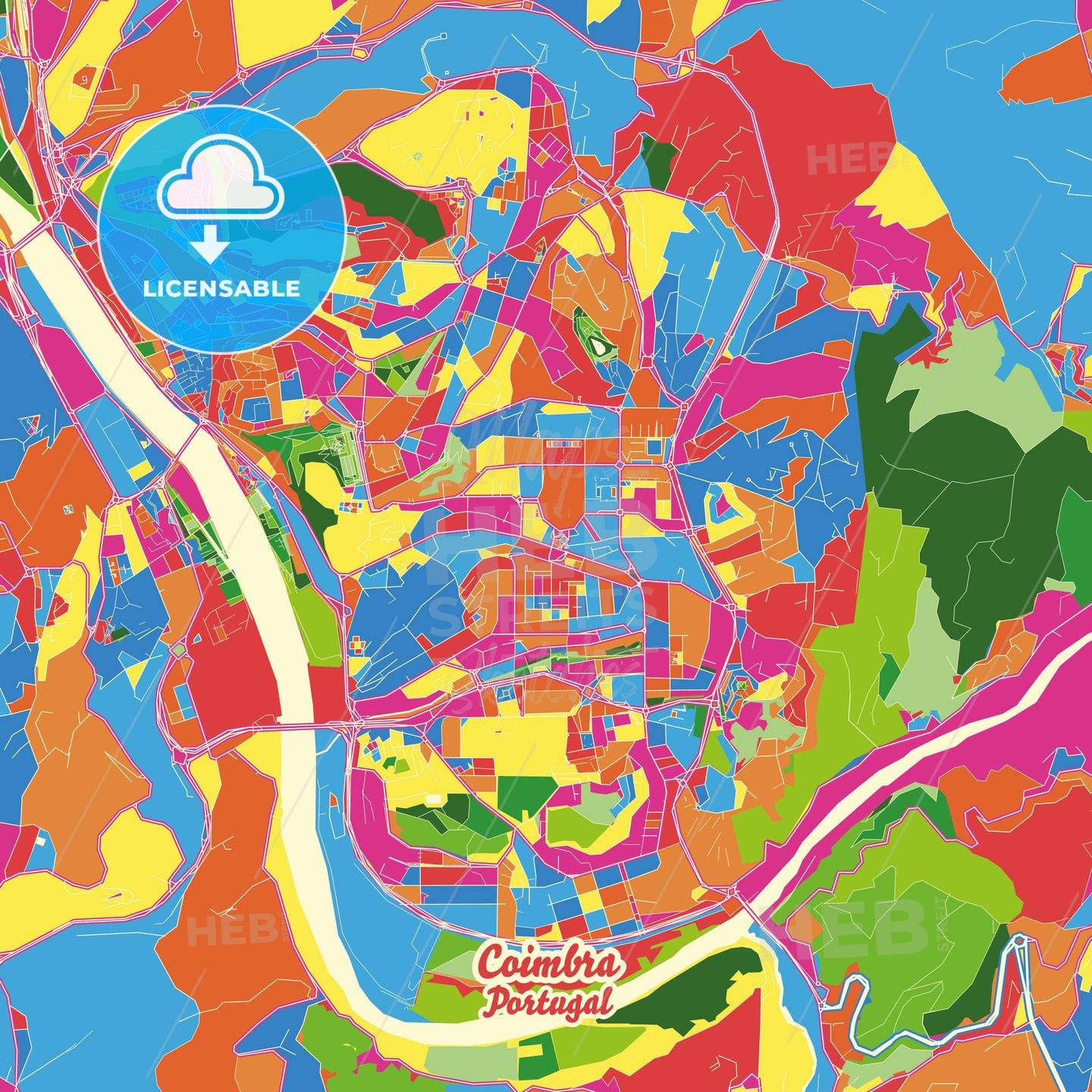 Coimbra, Portugal Crazy Colorful Street Map Poster Template - HEBSTREITS Sketches