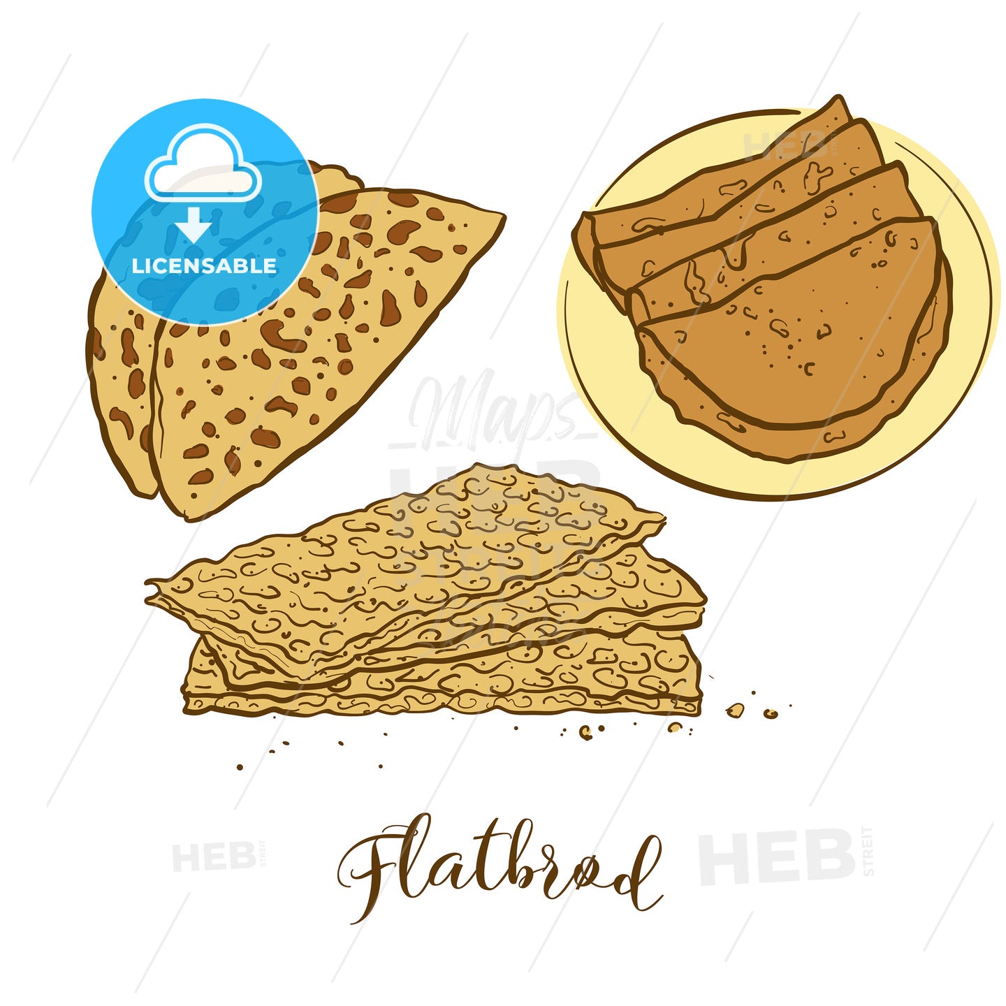 Colored sketches of Flatbrød bread – instant download