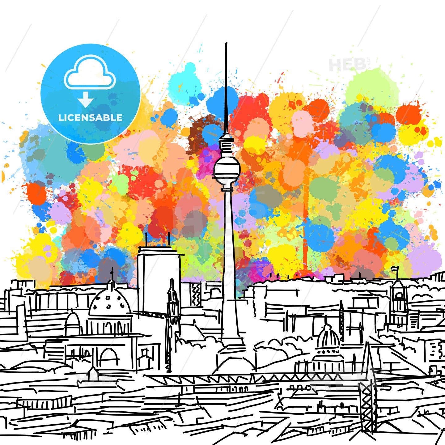 Colorful Berlin Skyline Sketch – instant download