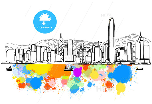Colorful Hong Kong Skyline Sketch – instant download