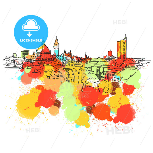 Colorful Leipzig Skyline Sketch – instant download