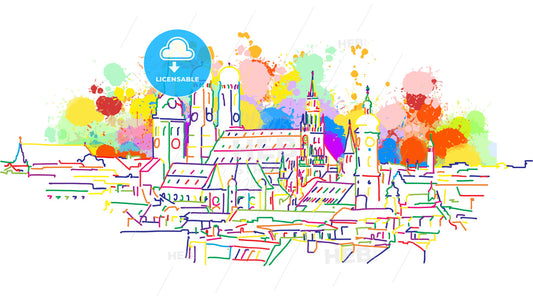 Colorful Munich Skyline Sketch – instant download